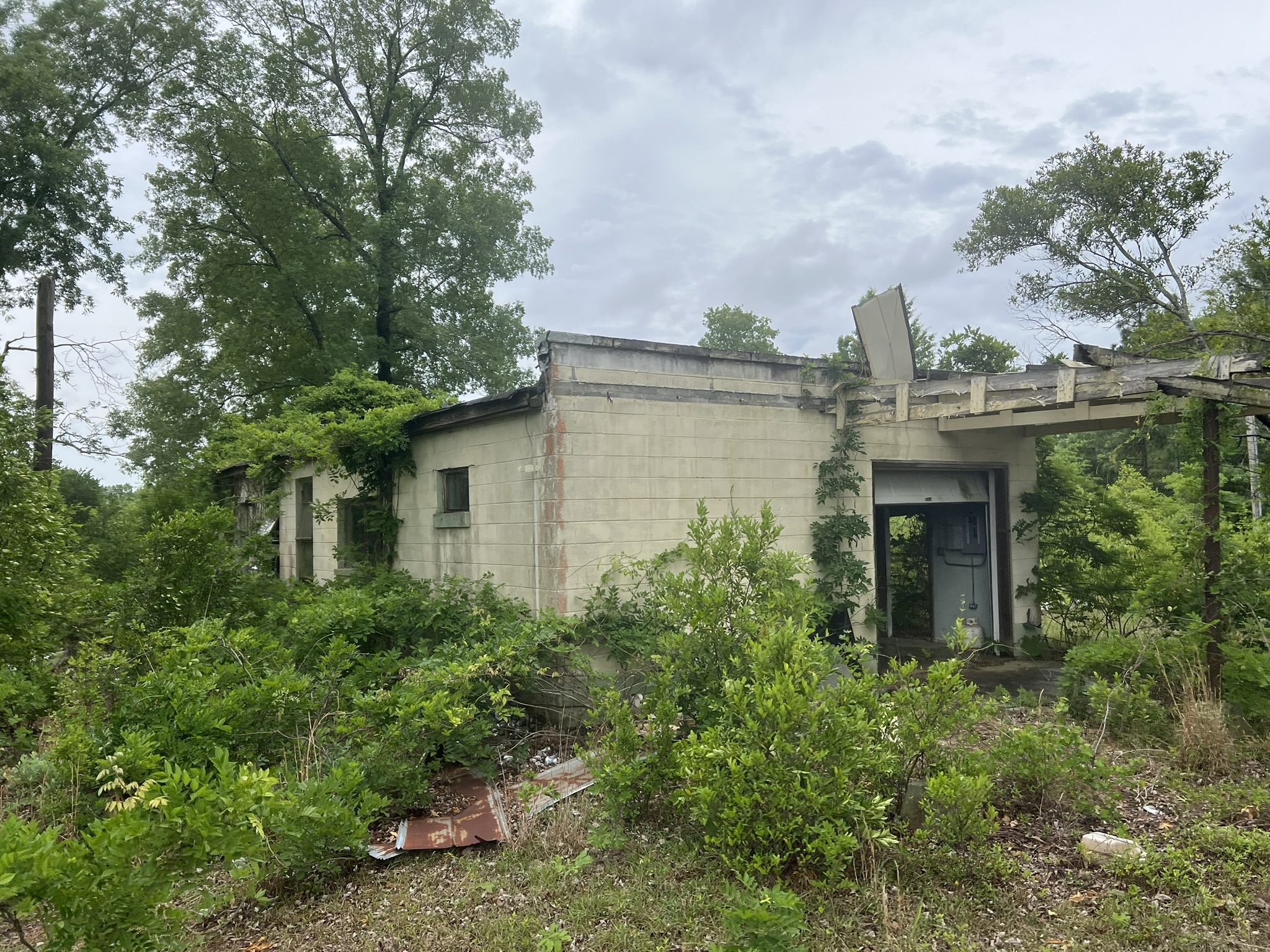 Old overgrown block building before structure removal in Windsor South Carolina